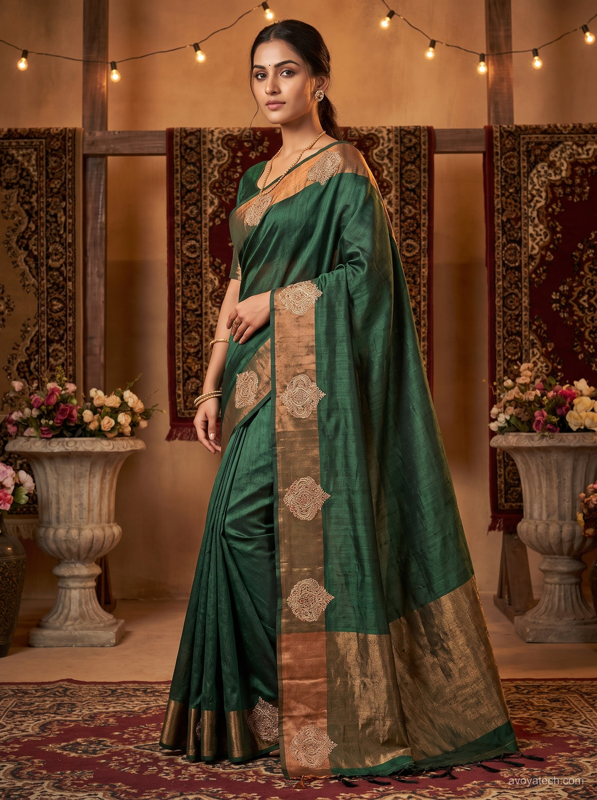 Emerald Green Saree with Antique Gold Border Main image