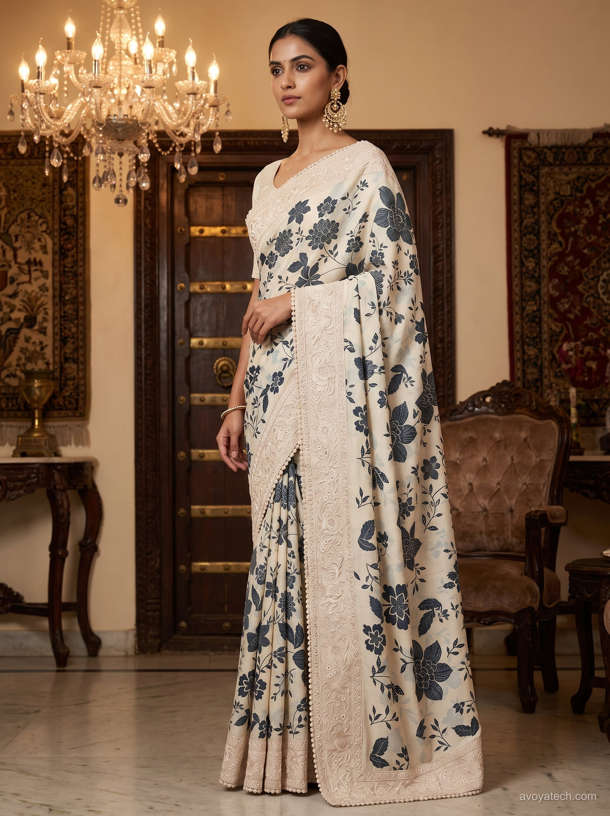 Ivory White Saree with Blue Floral Print