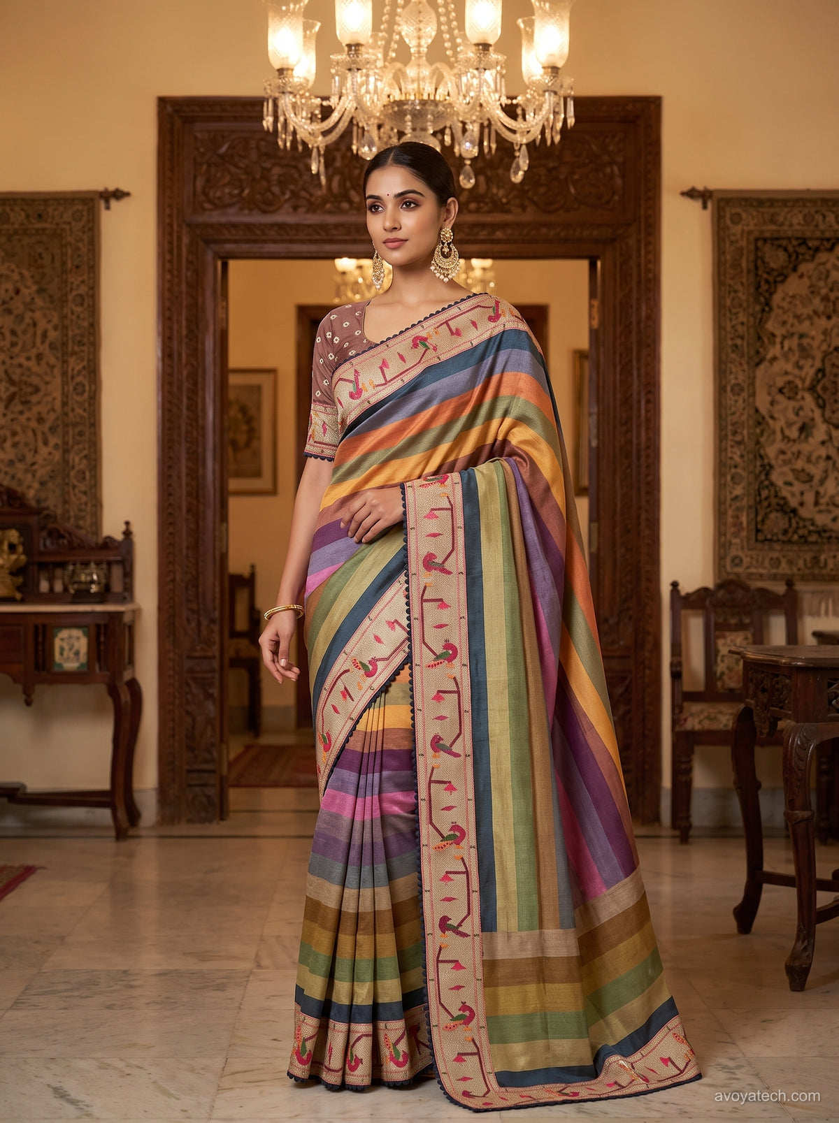 Multicolour Striped Saree with Floral Embroidered Border