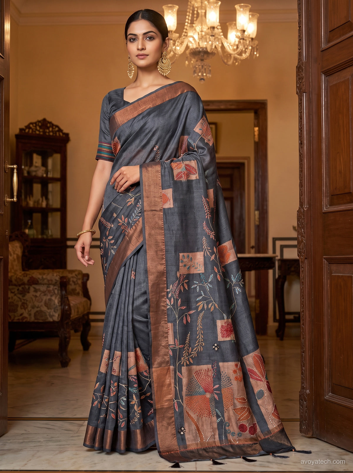 Slate Blue Saree with Peach Floral Embroidery & Patchwork Border