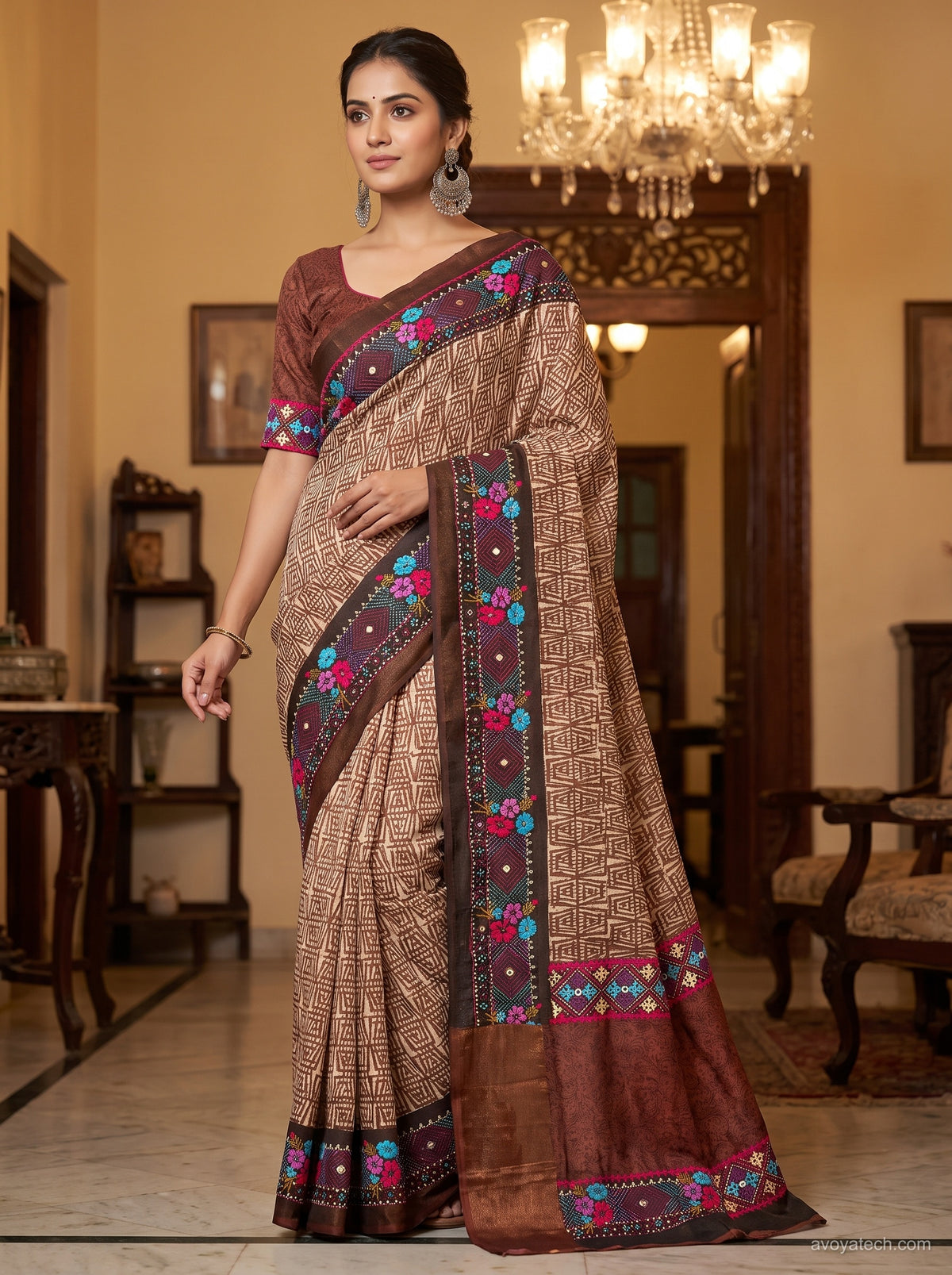 Beige Saree with Maroon & Multicolour Embroidered Border