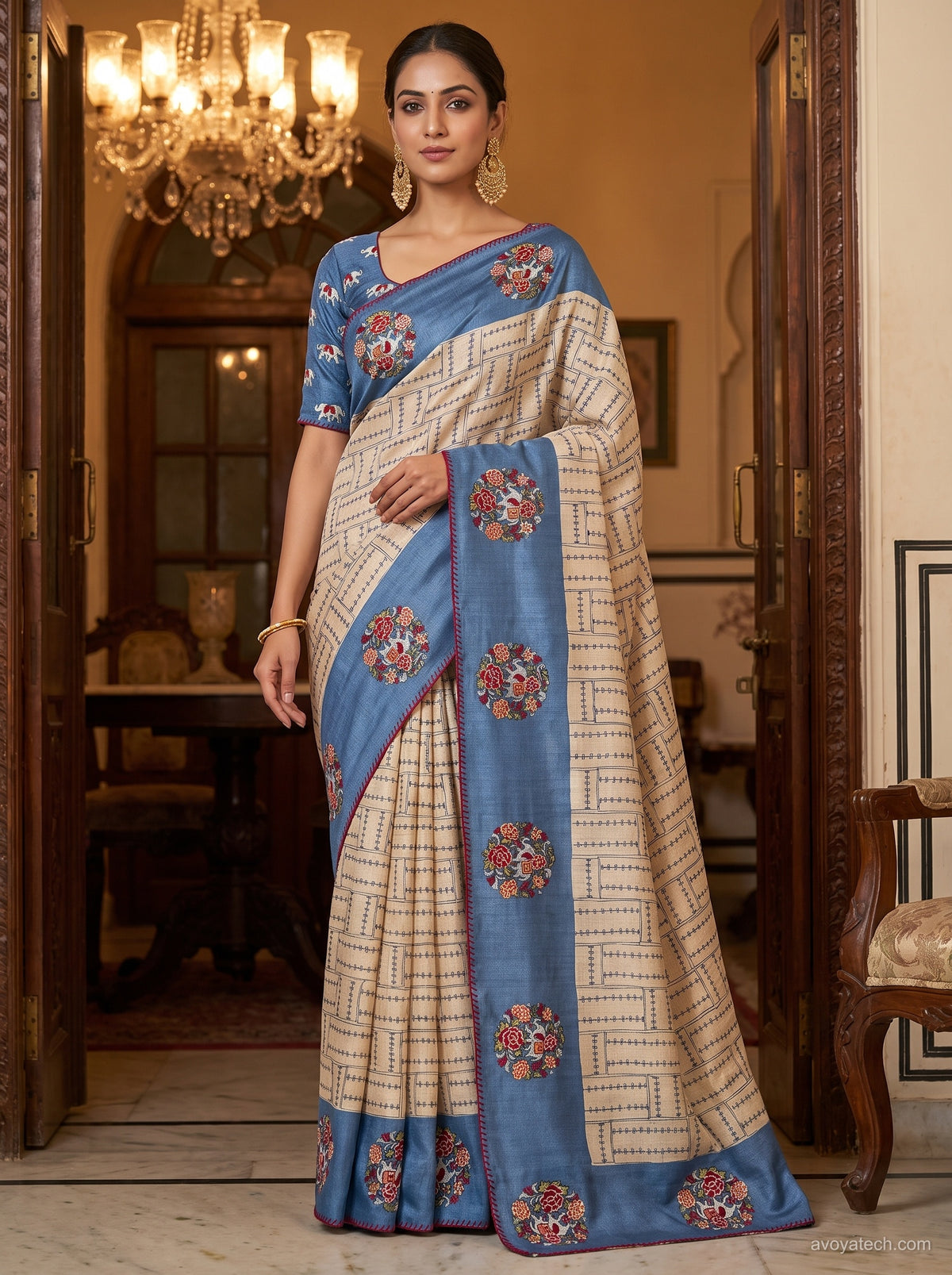 Sky Blue & Ivory Saree with Floral Embroidered Border