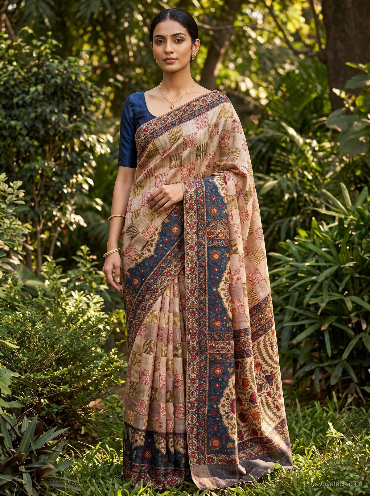 Peach Printed Saree with Blue Traditional Border Main image