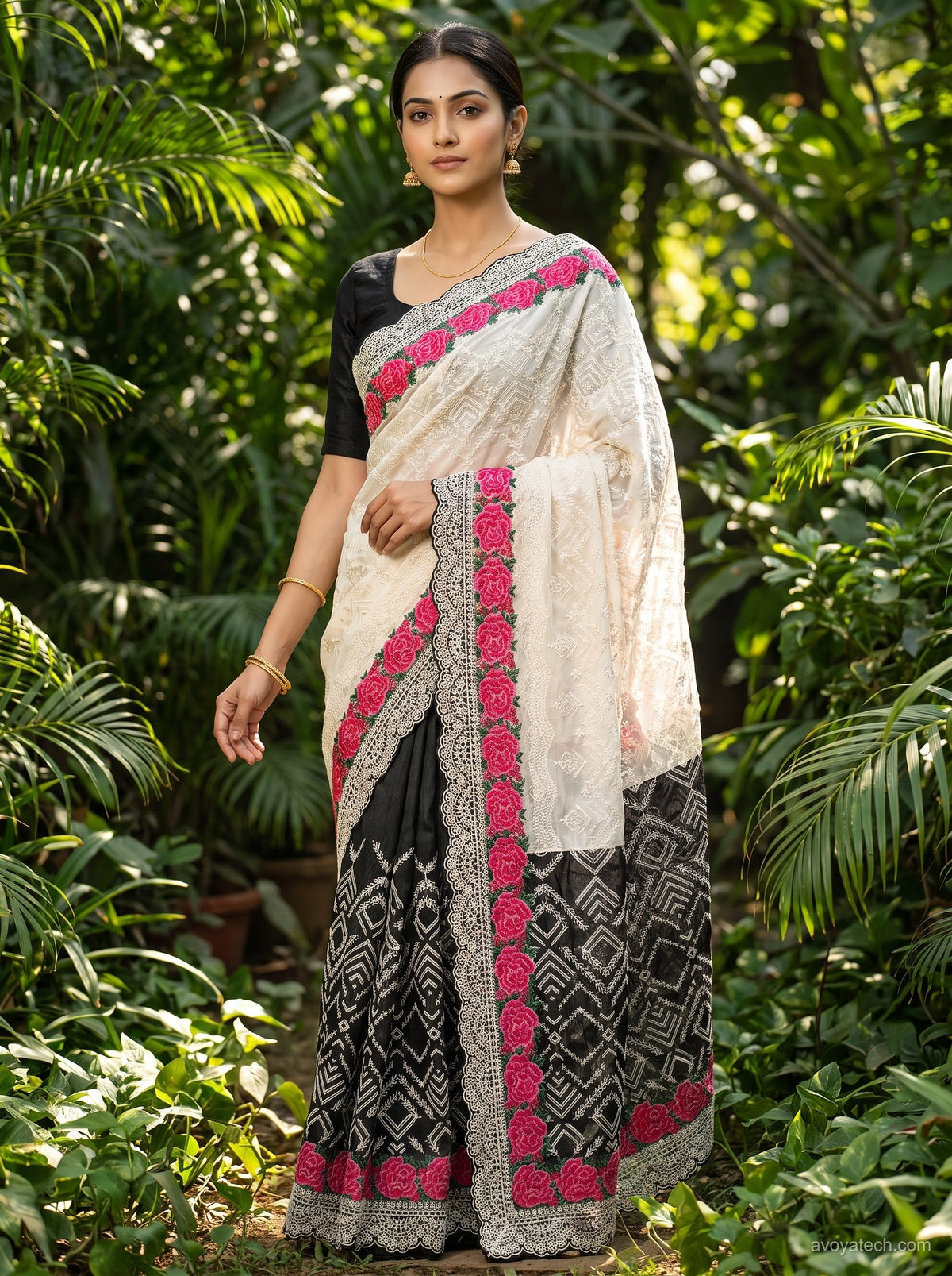 Ivory Black Printed Saree with Pink Floral Border
