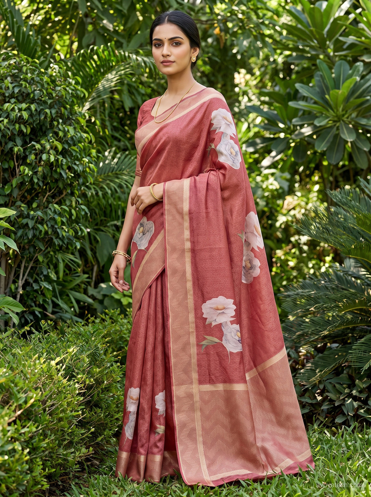 Dusty Rose and Ivory Floral Printed Saree