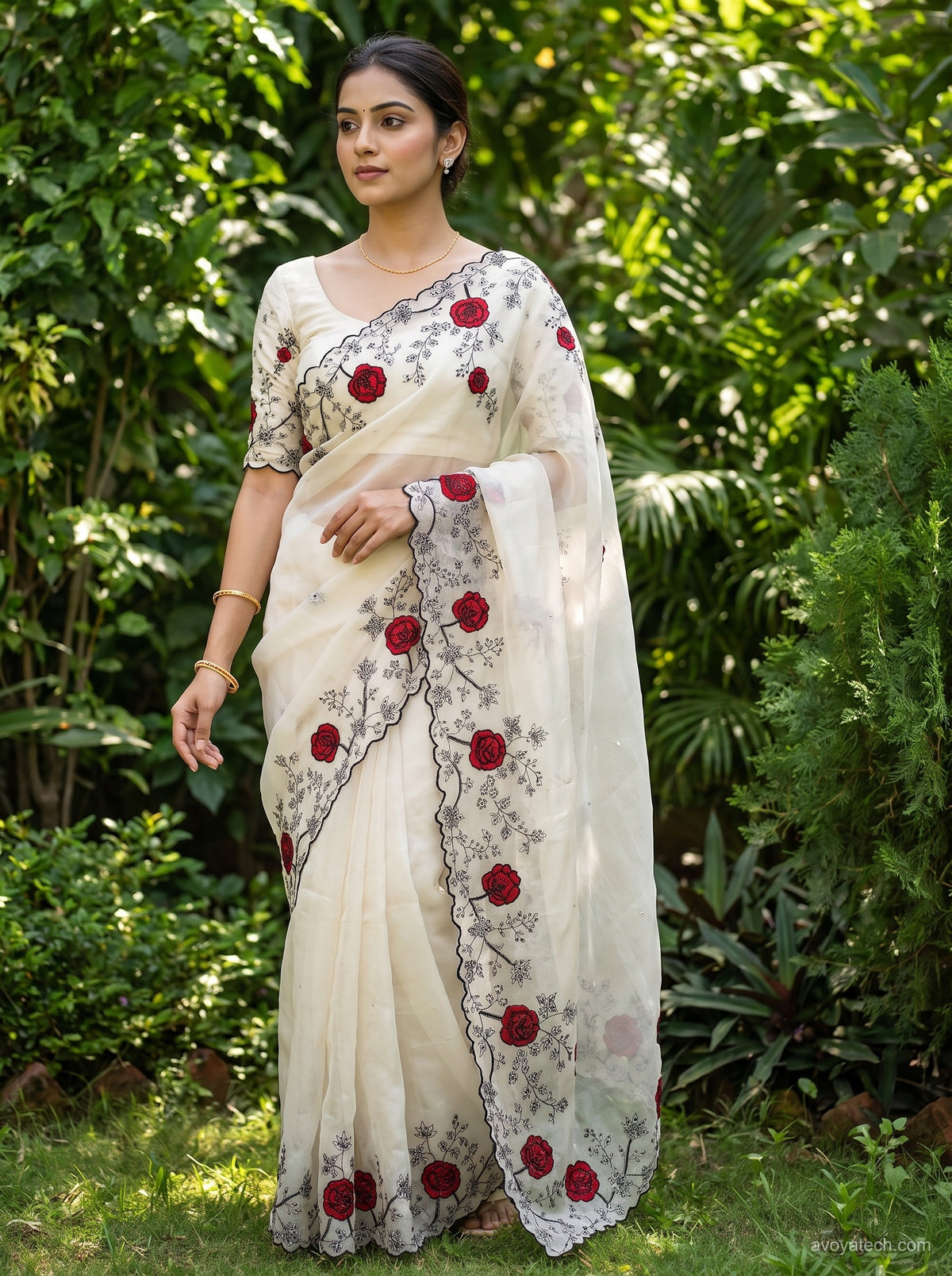 Ivory White Floral Embroidered Saree with Red Motifs