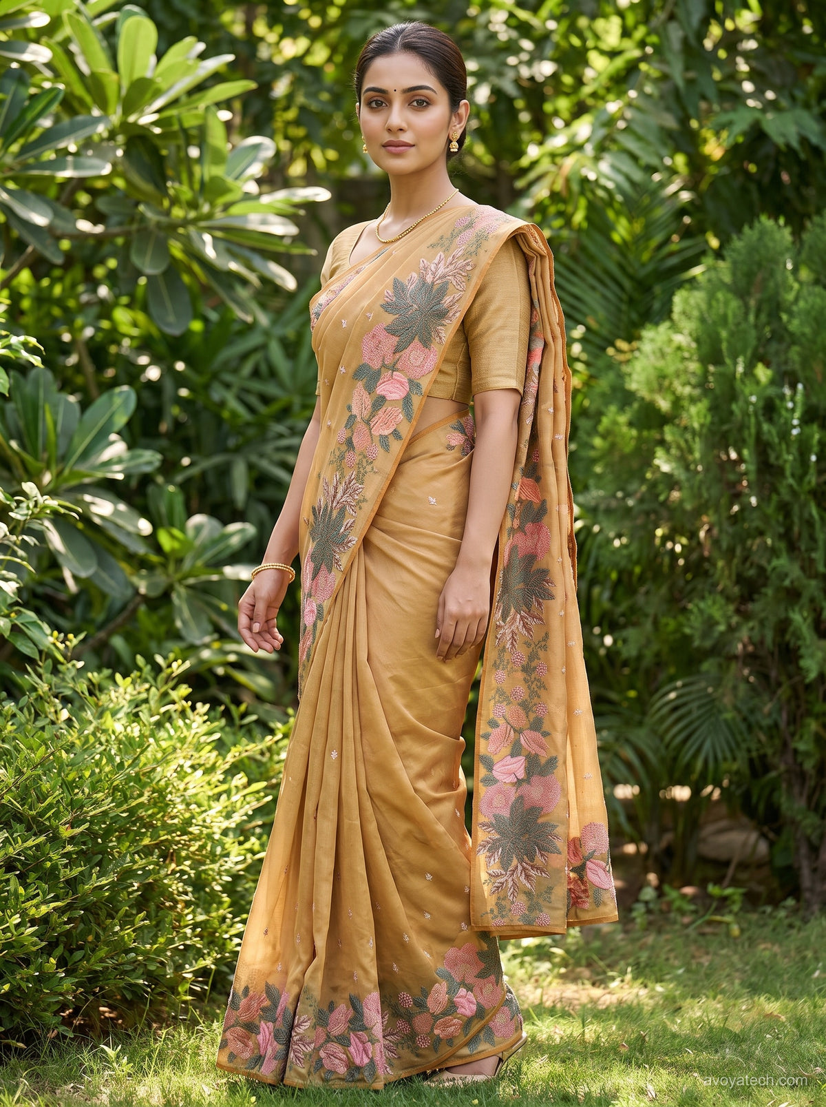Golden Beige Saree with Multicolour Floral Embroidered Border