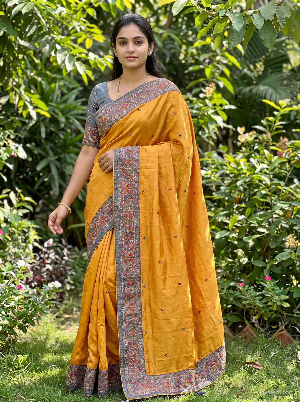 Mustard Yellow and Grey Traditional Printed Saree