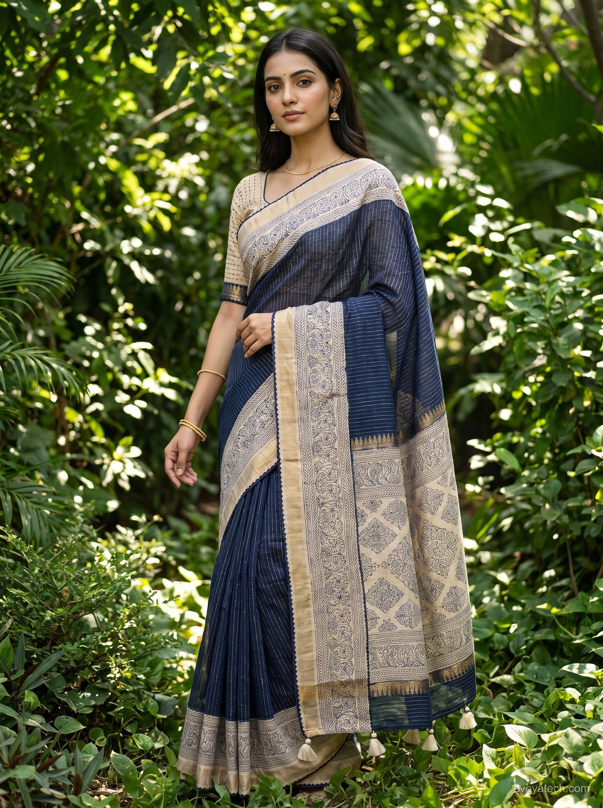 Navy Blue & Cream Printed Saree