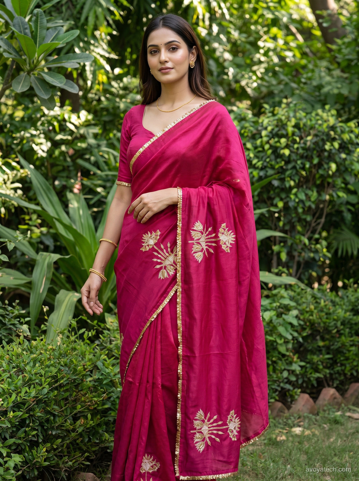 Coral Red Floral Printed Saree Main image