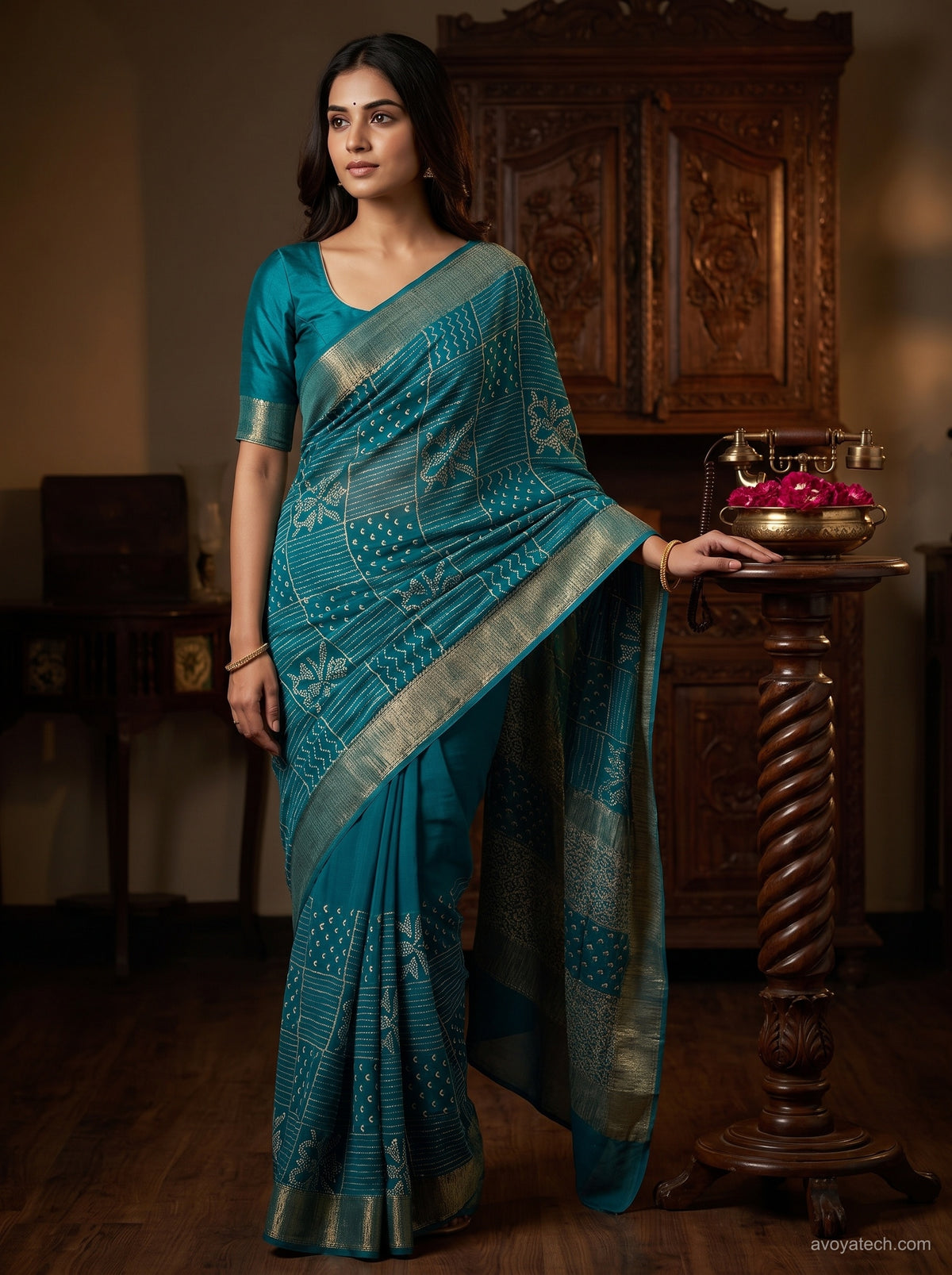 Teal Blue Printed Saree with Golden Border