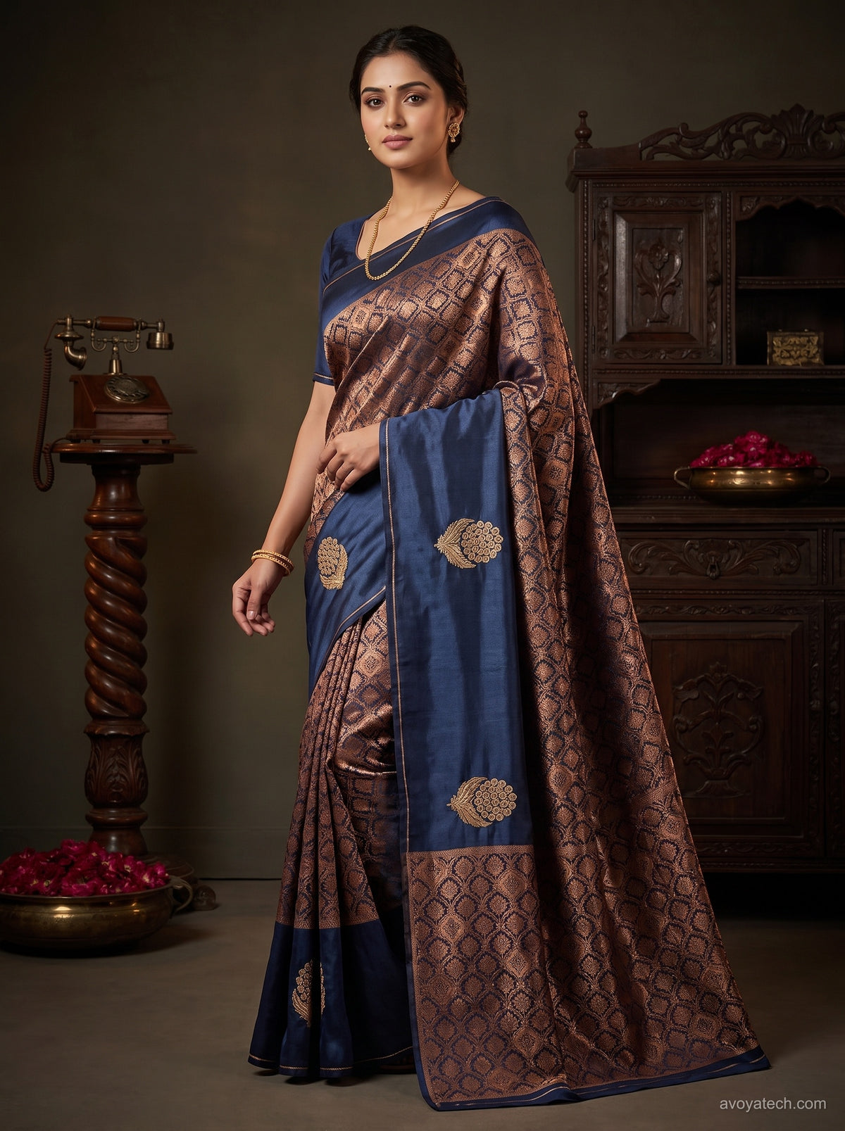 Blue & Peach Traditional Printed Saree