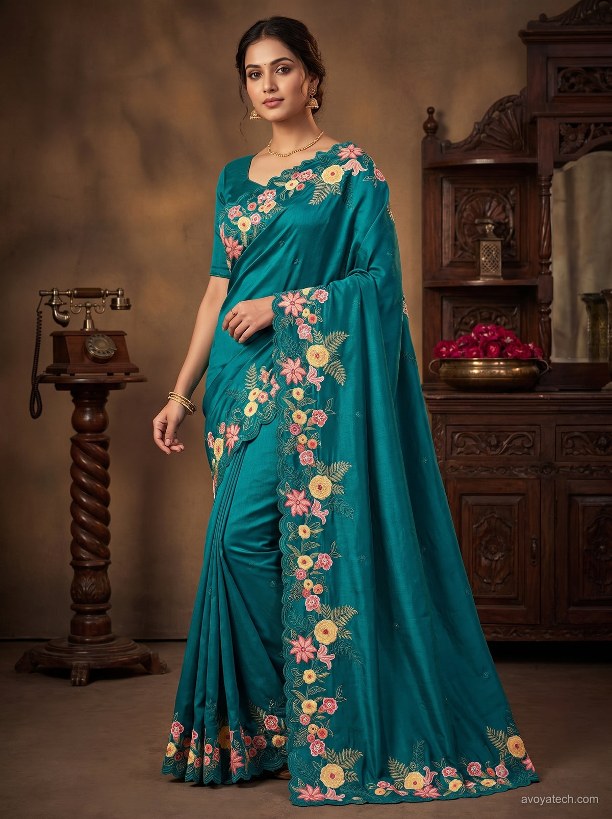 Turquoise Blue Saree with Floral Embroidery
