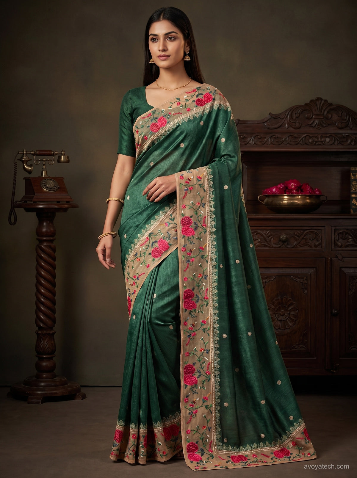Emerald Green Saree with Multicolour Floral Embroidered Border Main image