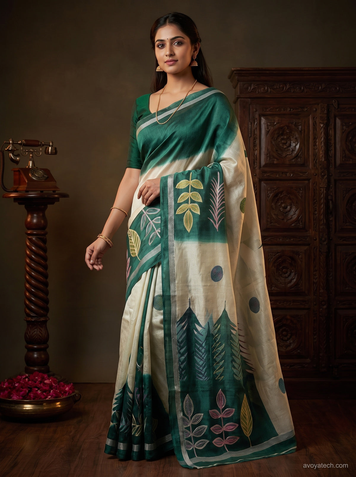 Teal Green and Ivory Botanical Printed Saree