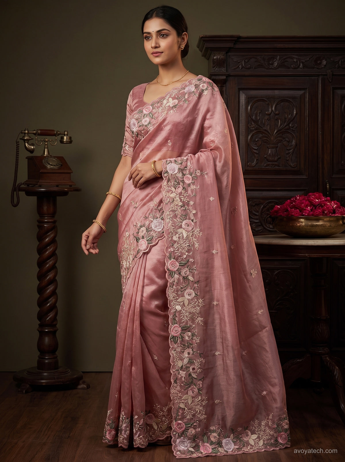 Peach Pink Soft Fabric Saree with Floral Embroidered Border