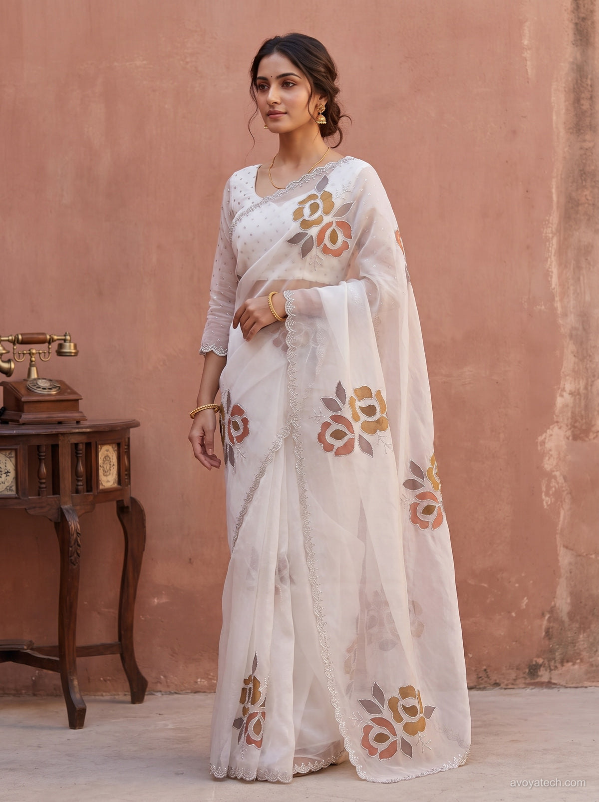 Cream Organza Saree with Multicolour Floral Embroidery Main image