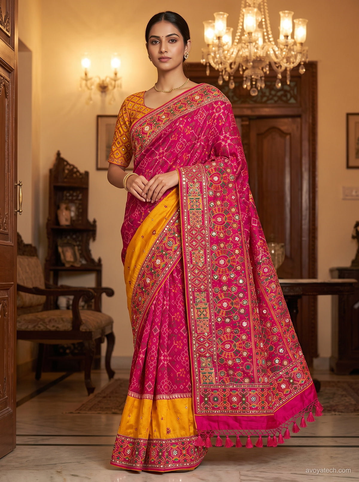 Coral Pink and Mustard Yellow Printed Saree