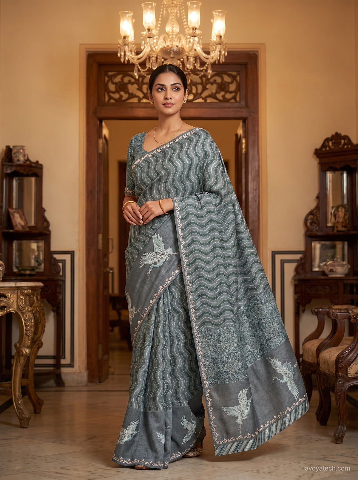 Ice Blue Saree with Wavy Pattern & Swan Motifs