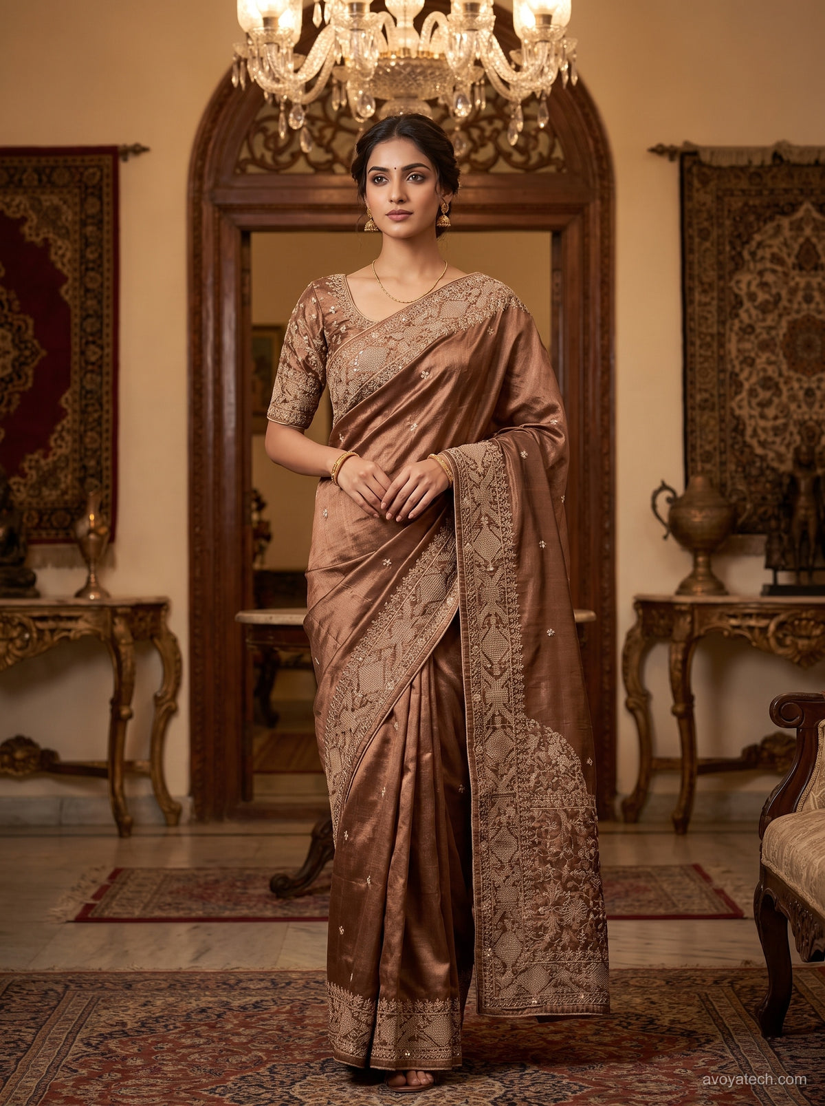 Dusty Rose and Beige Floral Printed Saree