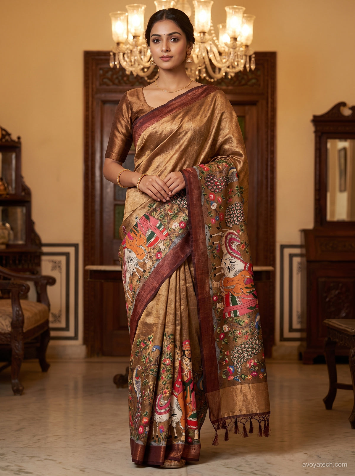 Golden Beige Saree with Multicolour Traditional Printed Pallu