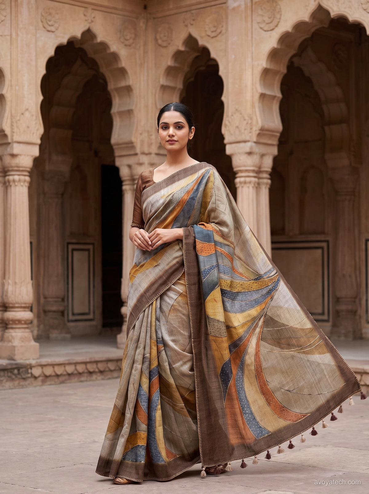 Beige Multicoloured Striped Saree Main image