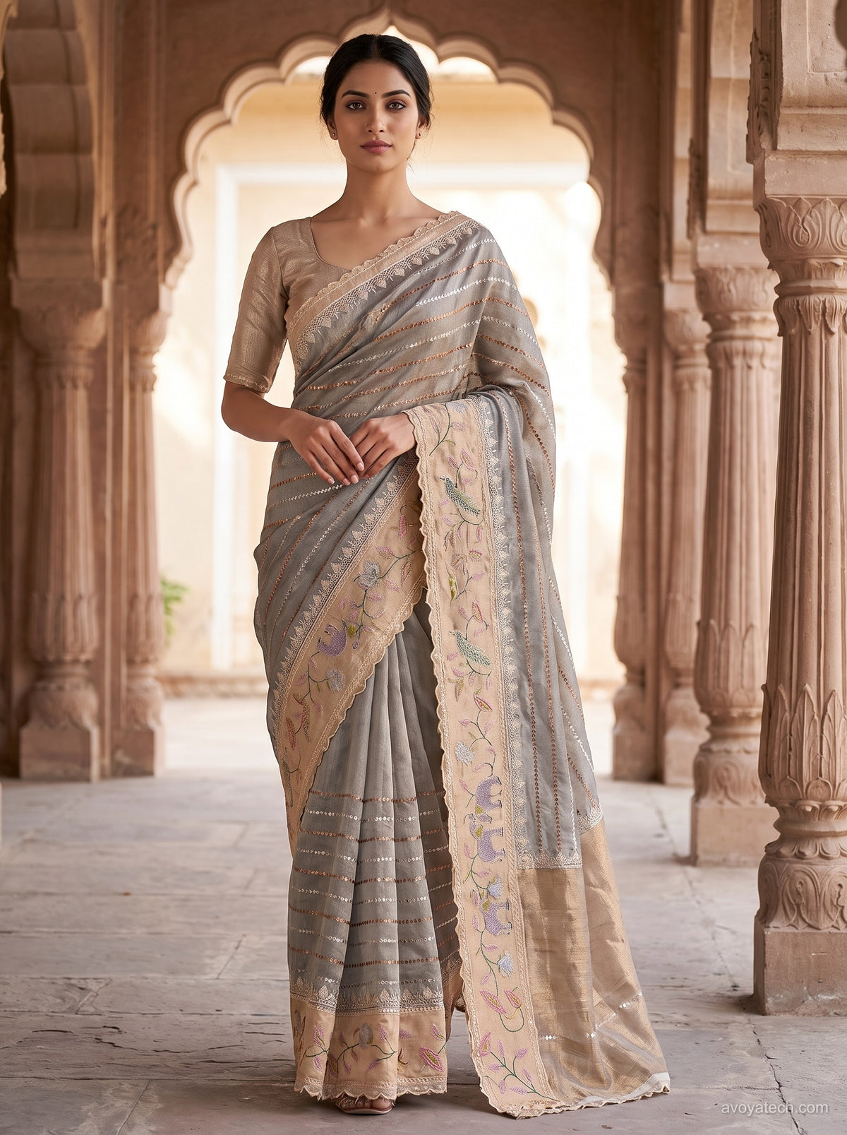 Silver Grey Floral Printed Saree