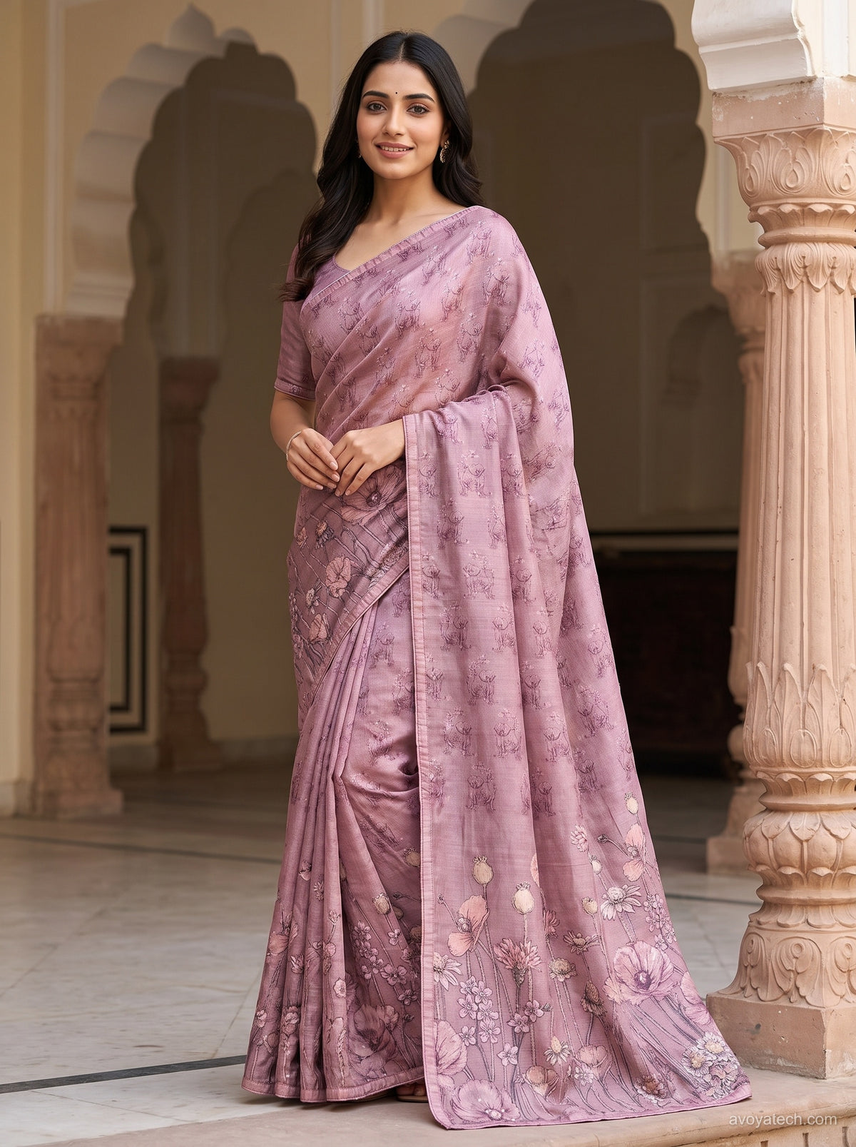 Mauve Pink Floral Printed Saree