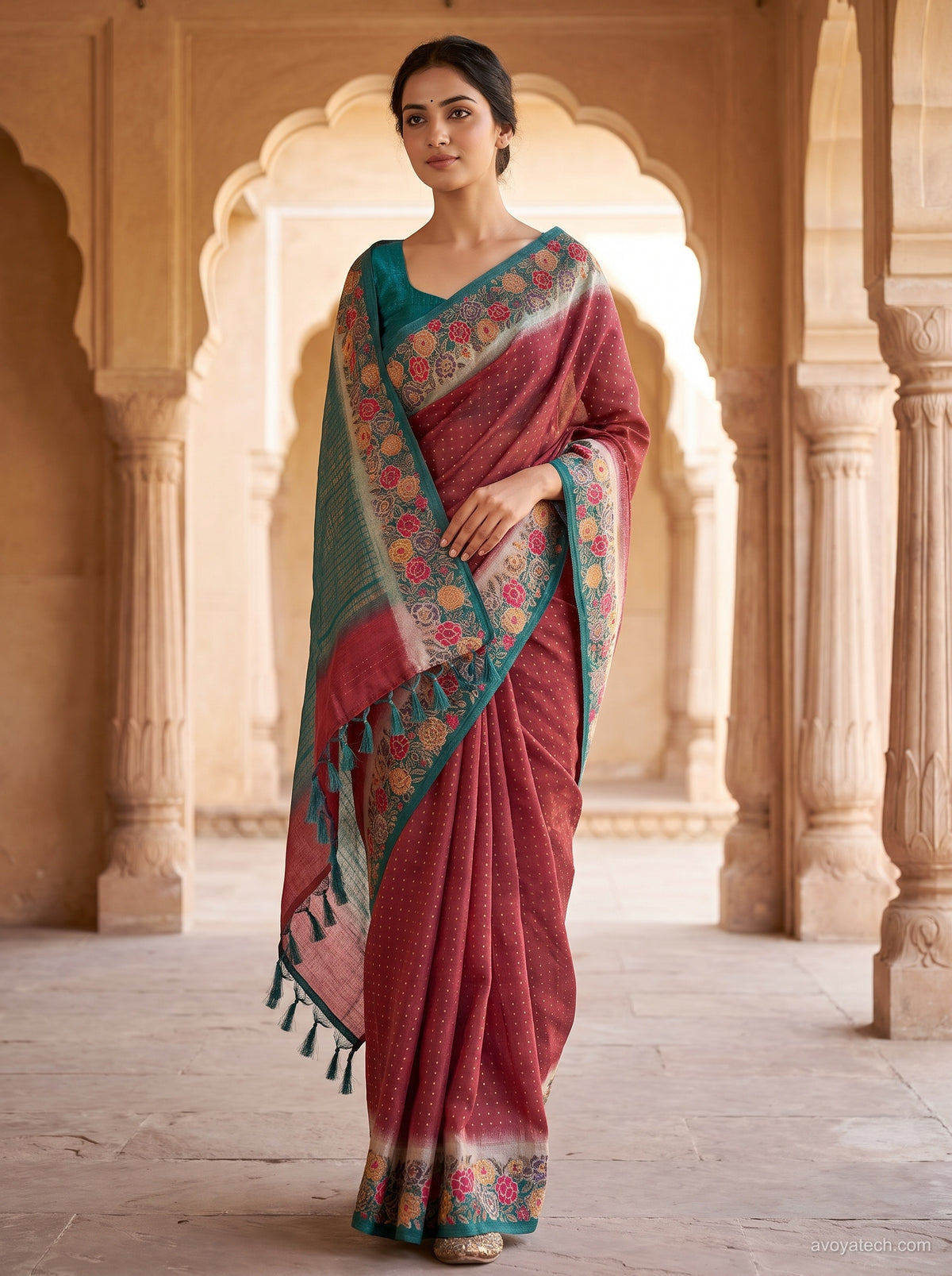 Maroon Floral Printed Saree with Teal Border