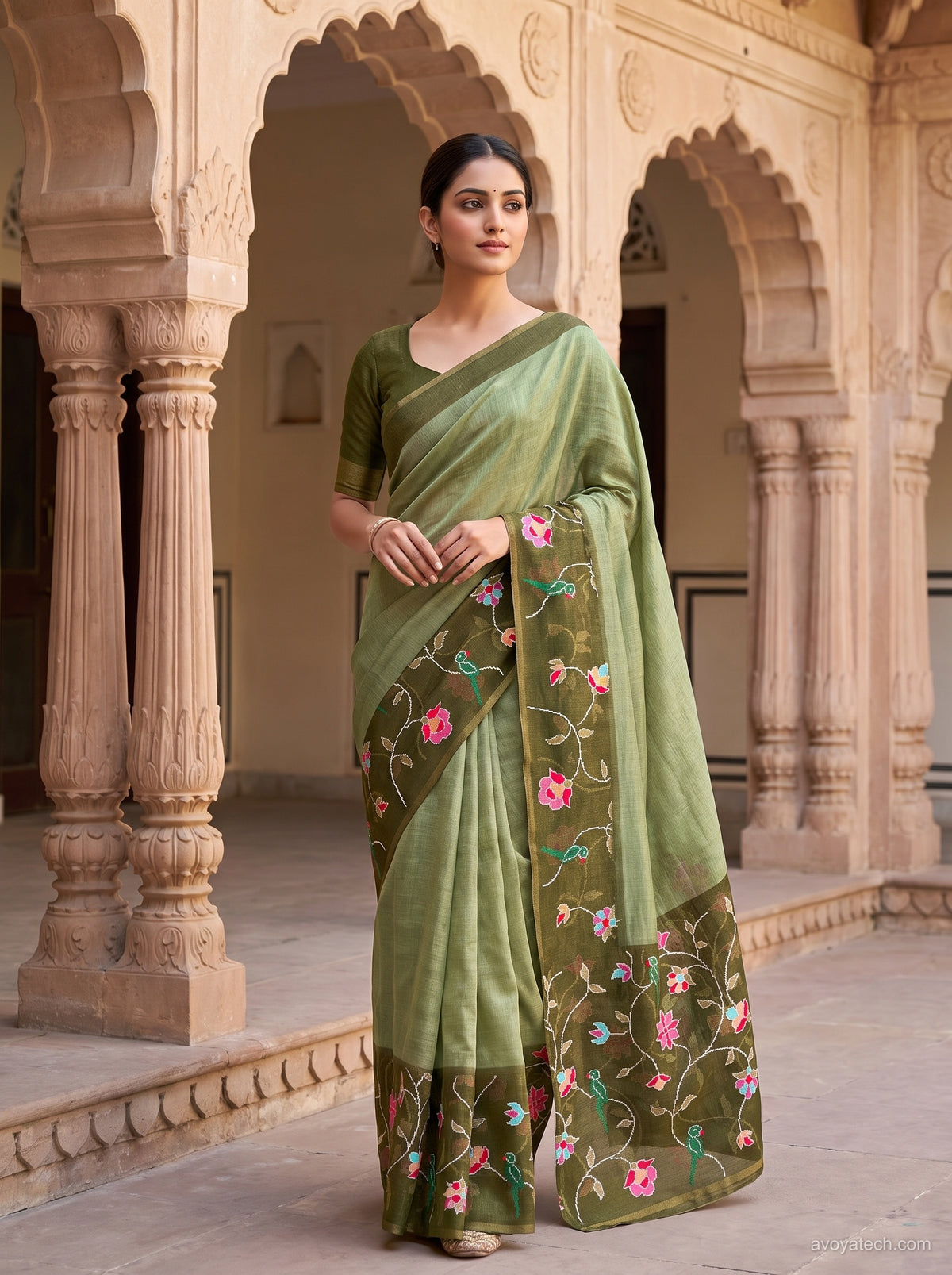 Olive Green Saree with Floral Embroidered Border