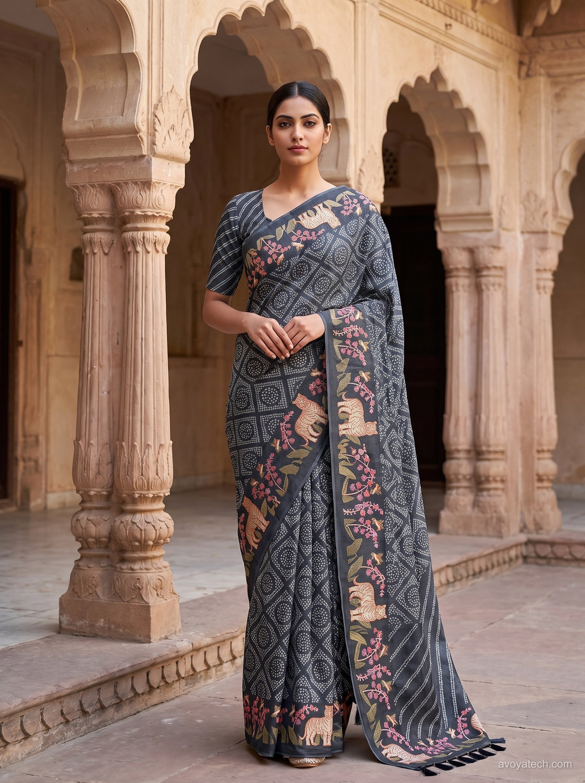 Teal Blue Floral Printed Saree with Multicolour Border