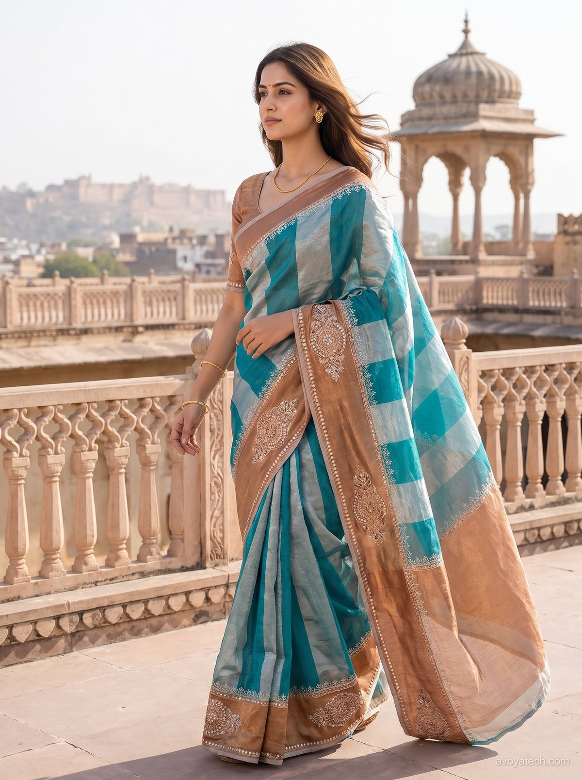 Turquoise Blue & Peach Striped Saree with Embroidered Border Main image