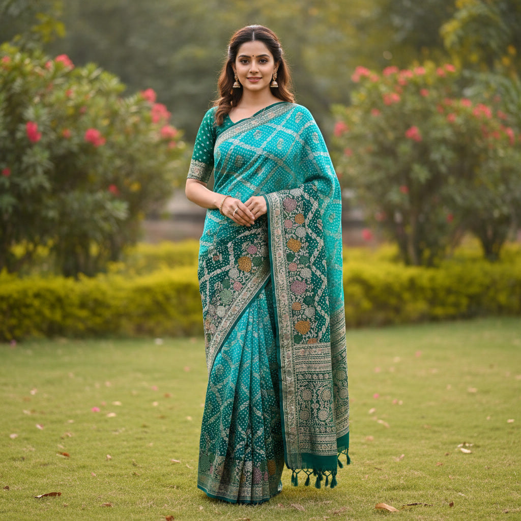 Teal Green Floral Printed Saree