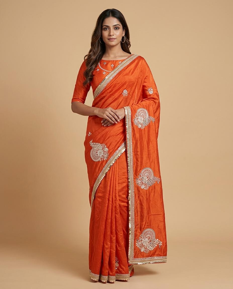Bright Orange and Silver Floral Saree Main image