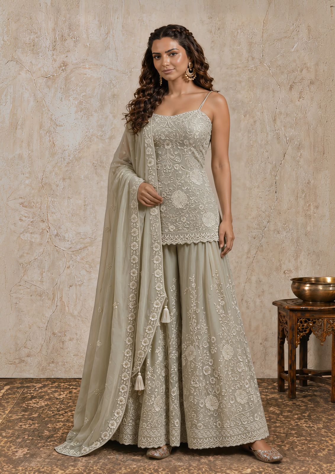 Mint Blossom Embroidered Sharara Set Main image