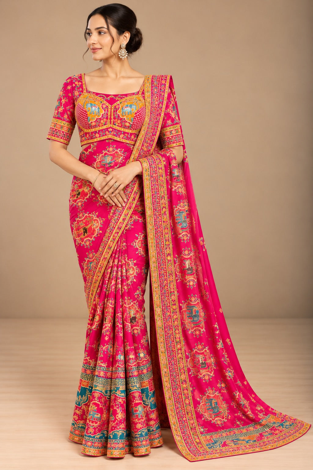 Rani Pink Elephant Motif Saree