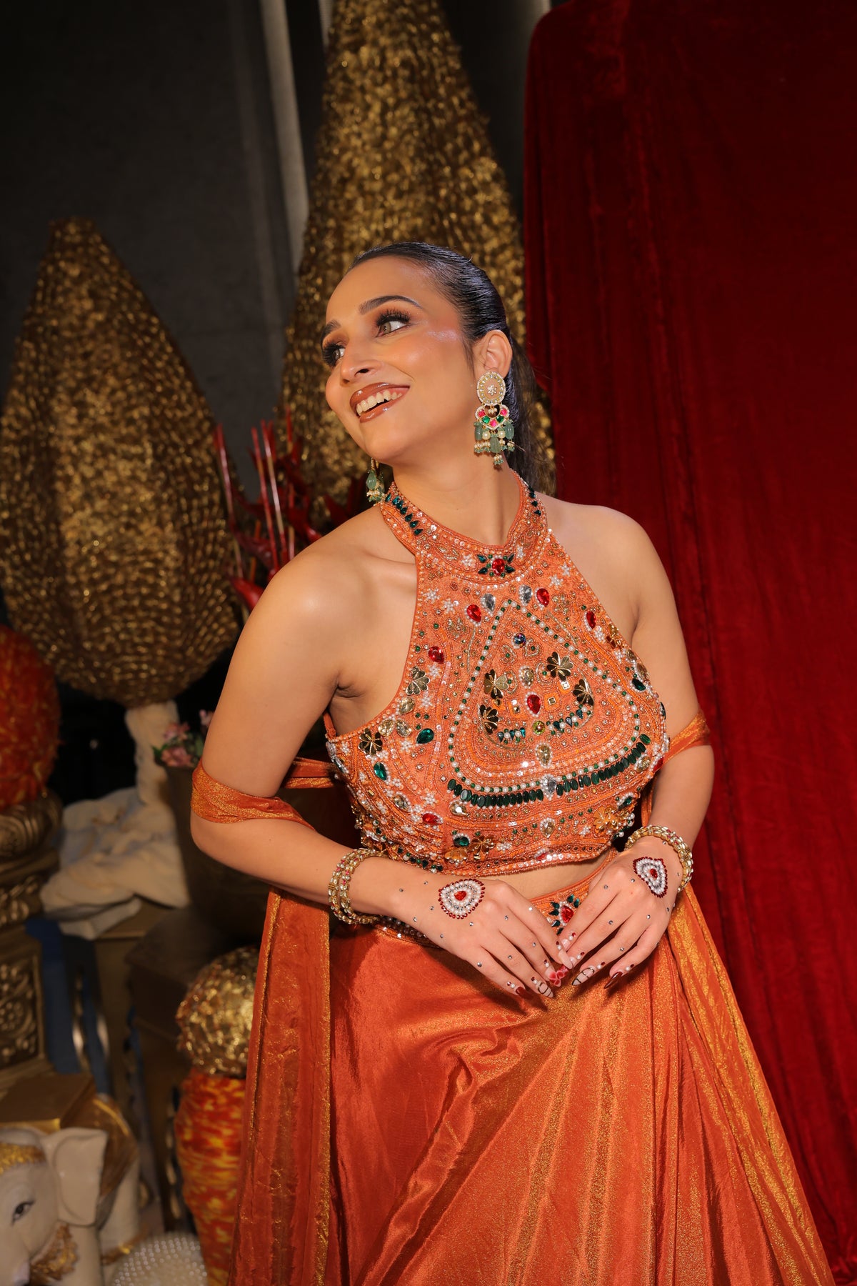 Rust Copper Metallic Tissue Lehenga Set