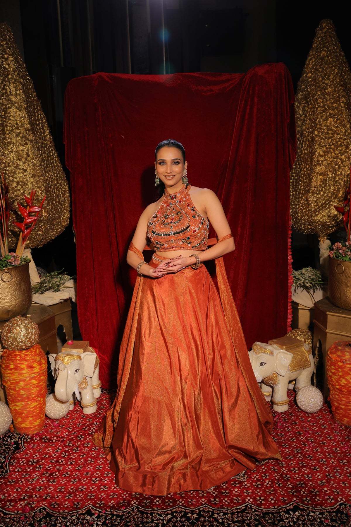 Rust Copper Metallic Tissue Lehenga Set