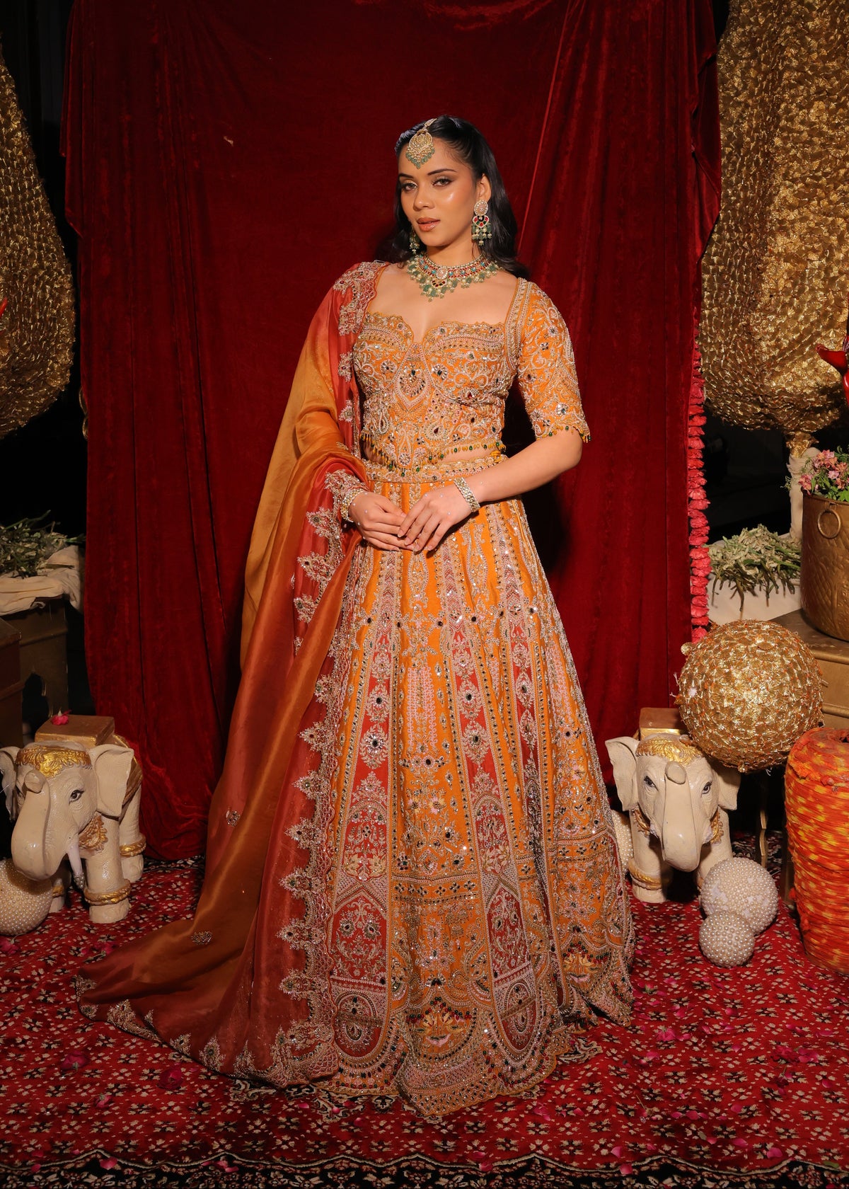 Rust Handcrafted Kalidar Bridal Lehenga Set