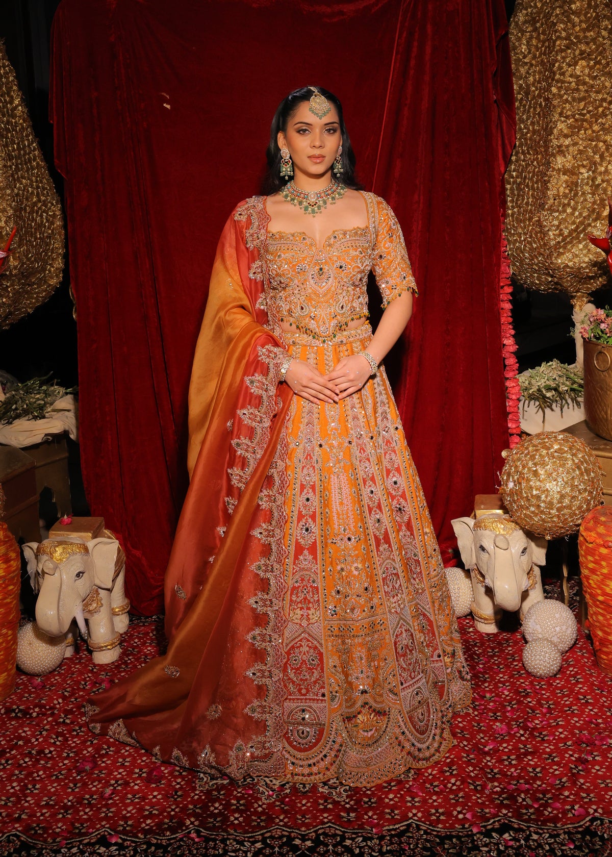 Rust Handcrafted Kalidar Bridal Lehenga Set