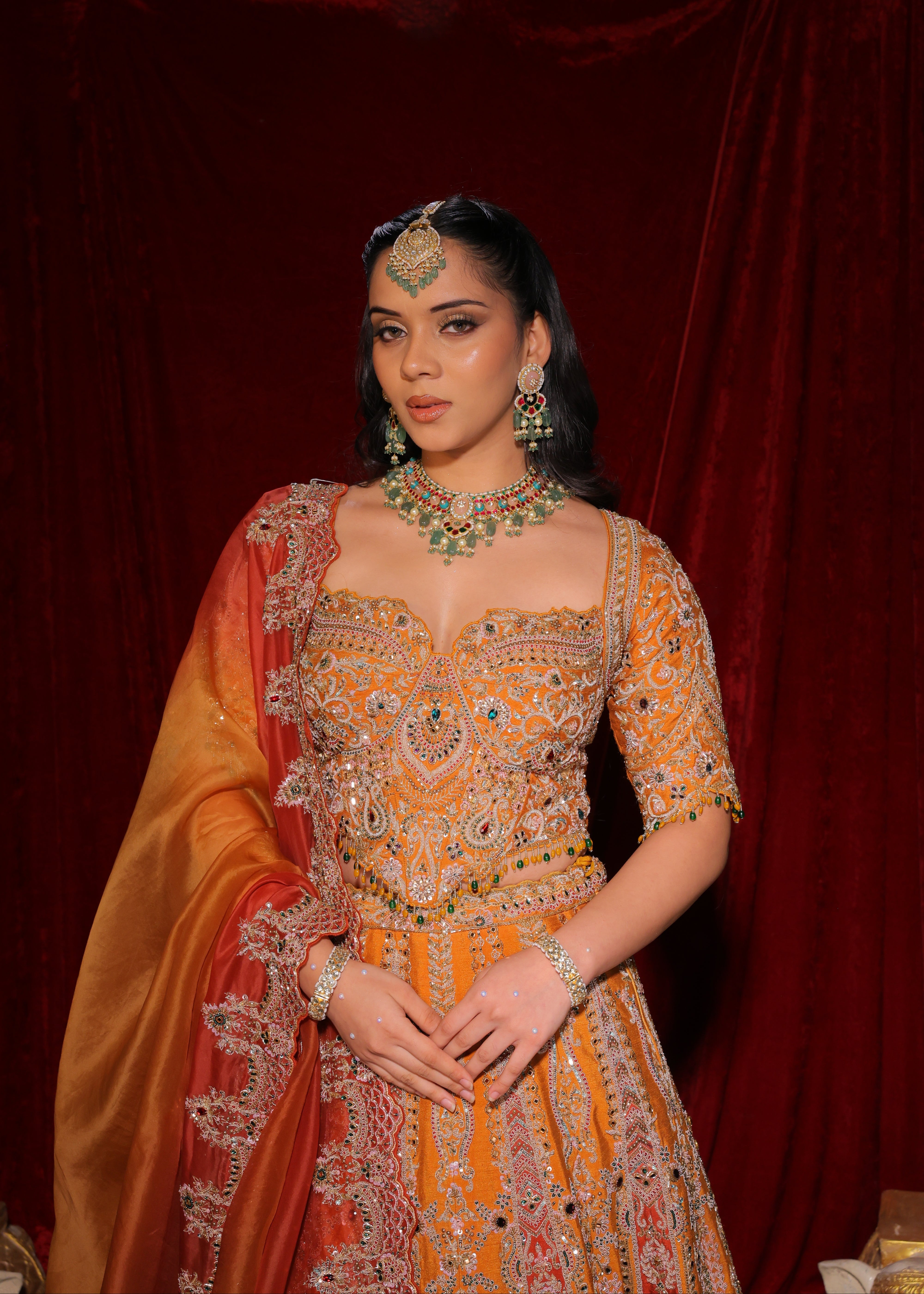 Rust Handcrafted Kalidar Bridal Lehenga Set Secondary image
