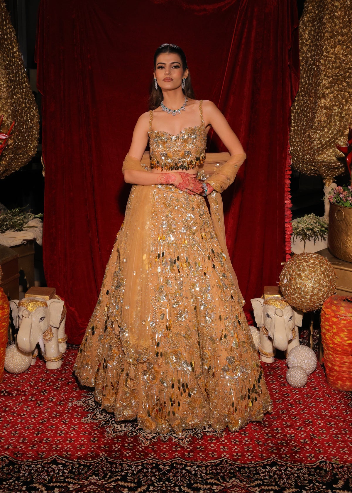 Champagne Gold Mirror & Sequin Embellished Net Lehenga Set