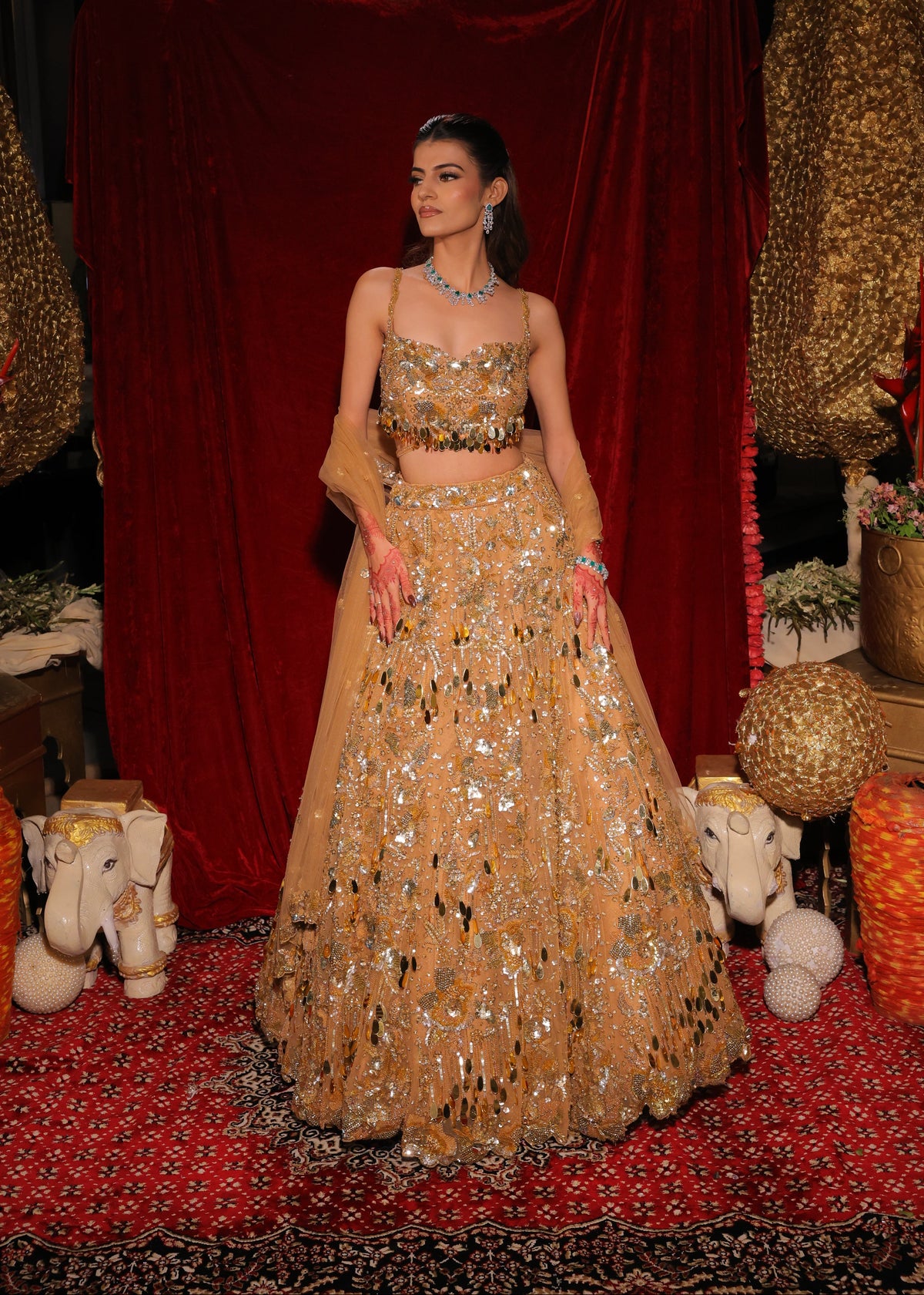 Champagne Gold Mirror & Sequin Embellished Net Lehenga Set