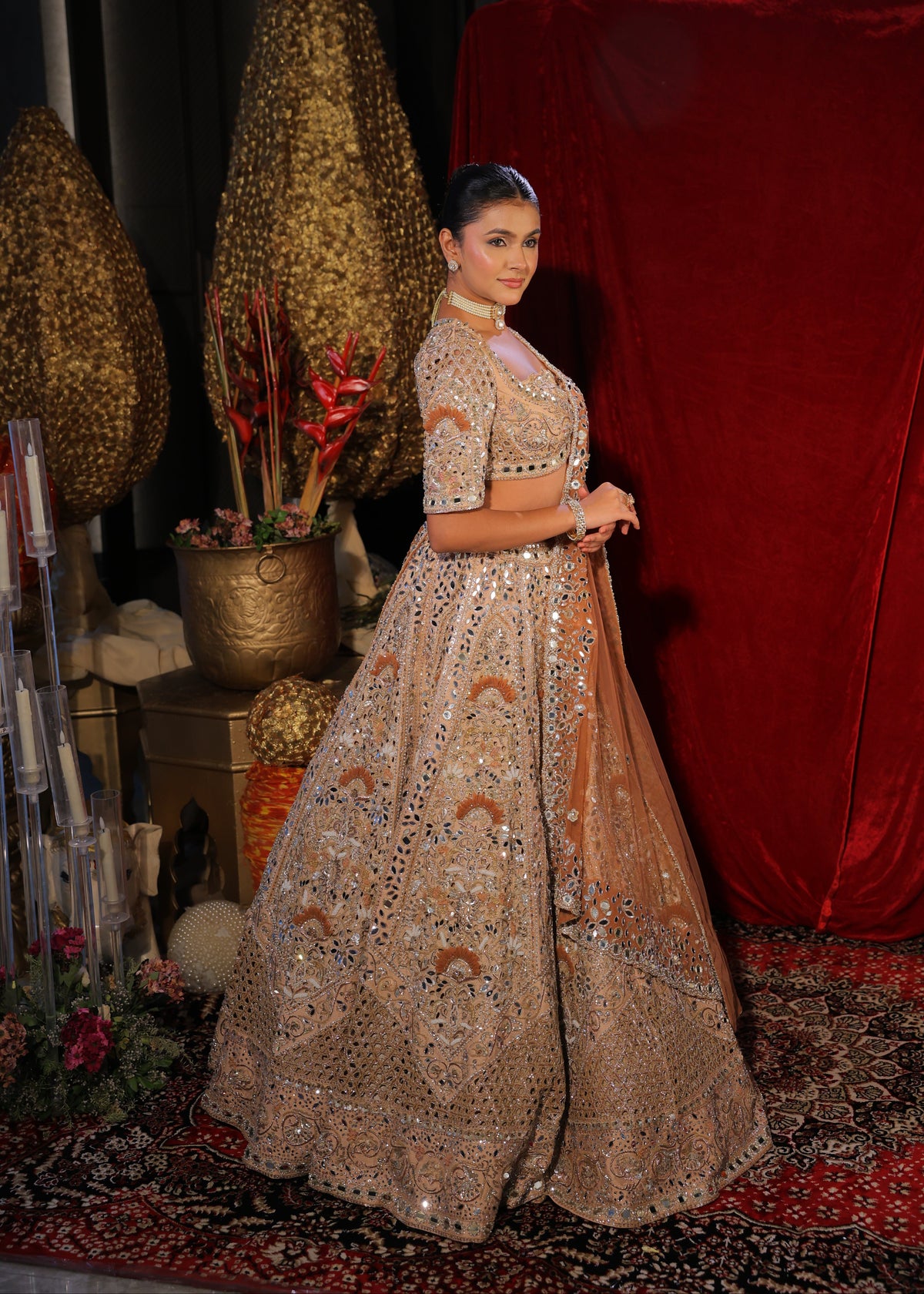Peach Handcrafted Mirror-Work Bridal Lehenga Set