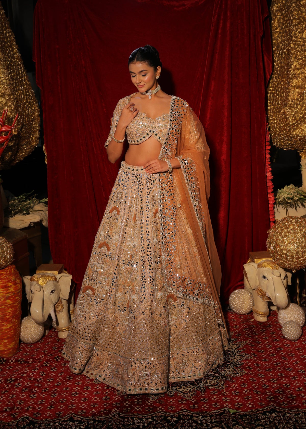 Peach Handcrafted Mirror-Work Bridal Lehenga Set