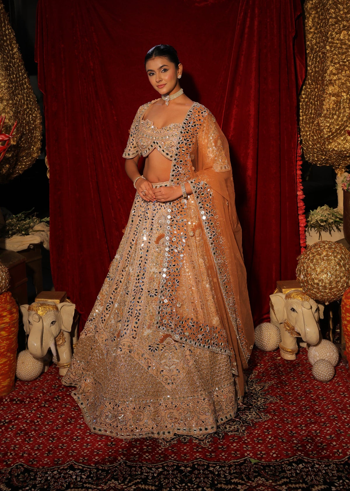 Peach Handcrafted Mirror-Work Bridal Lehenga Set