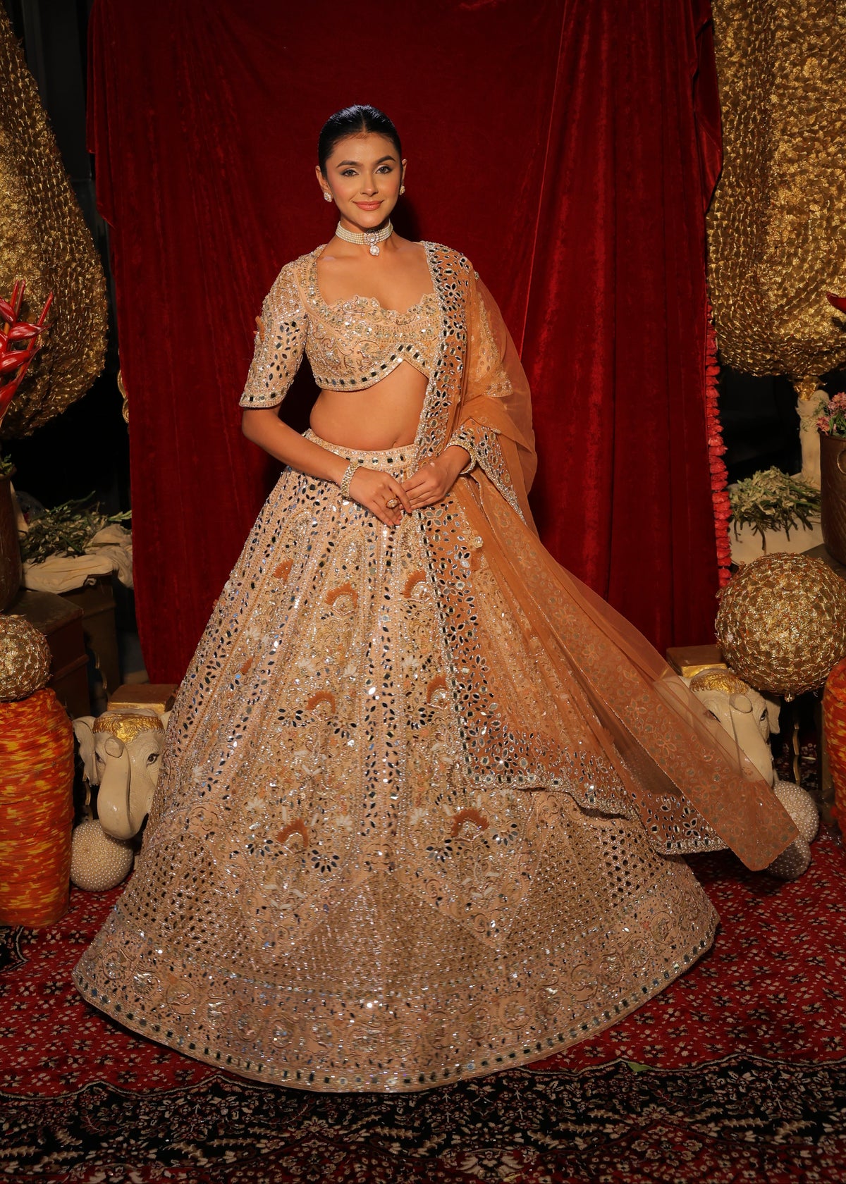 Peach Handcrafted Mirror-Work Bridal Lehenga Set
