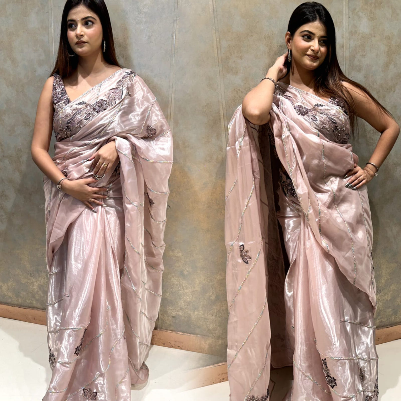 Cream Crepe Organza Saree