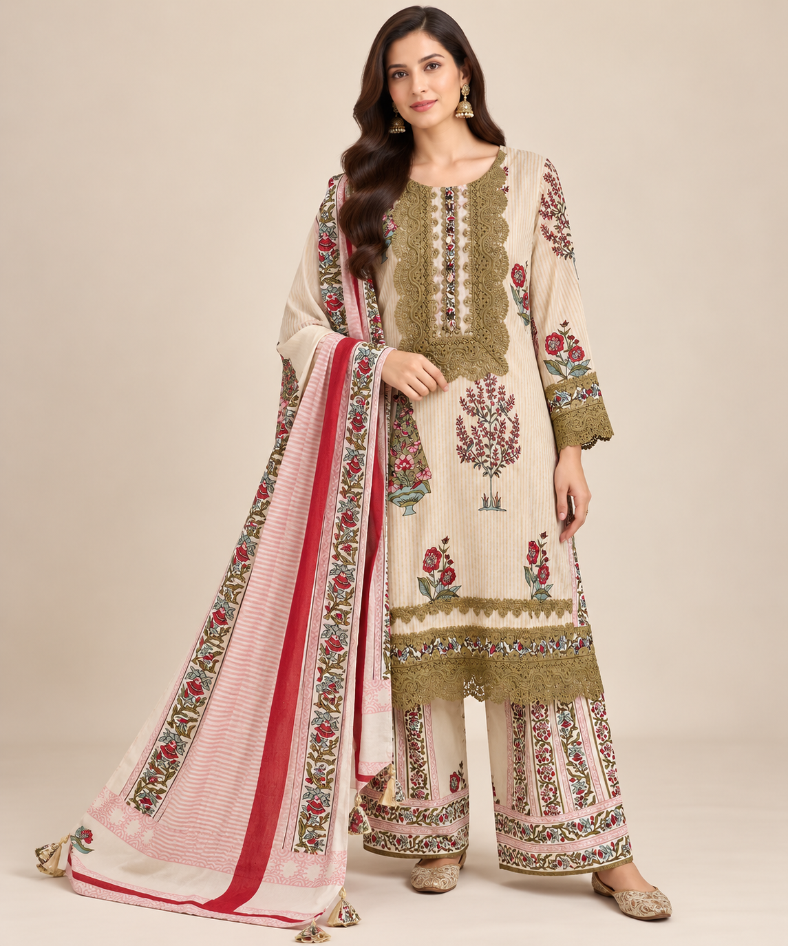 Ivory & Olive Floral Printed Pakistani Suit Set Main image