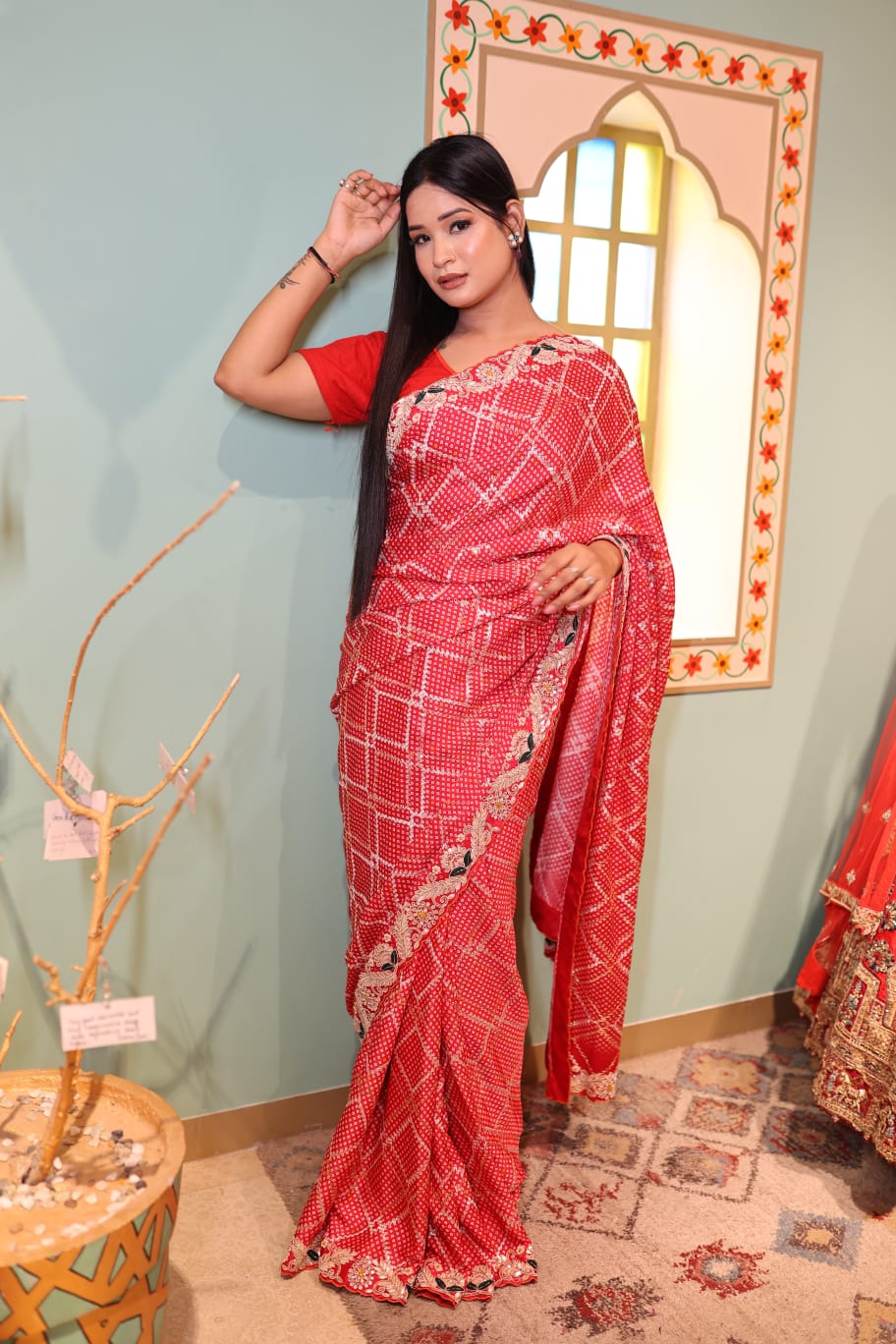 Vibrant Red Gajji Silk Saree with Intricate Embroidery